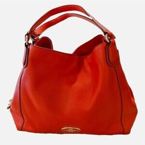 Coach Edie Pebble Leather Shoulder Bag Coral Red EUC E1480 Large Hobo